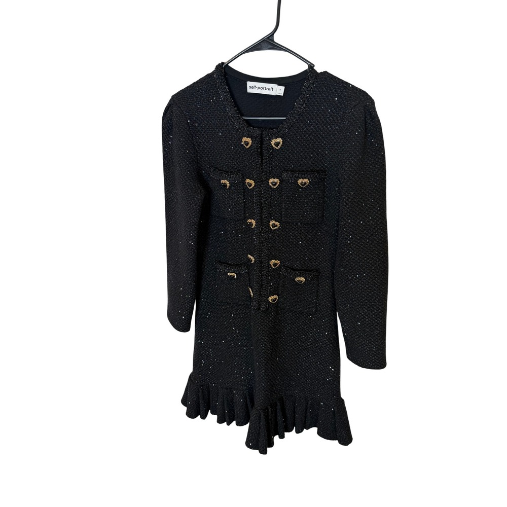 Self-Portrait Black Metallic Boucle Heart Button Ruffle Mini Dress Size M